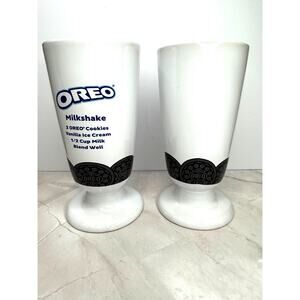 2 Oreo Milkshake Pedestal Glasses with Recipe Transferware 16 Ounces